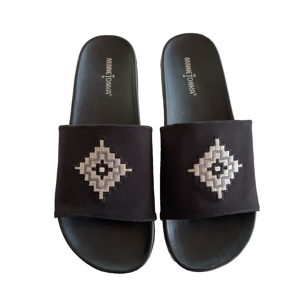 Minnetonka Black Slide Sandals Native American-inspired Geometric Ladies 10
